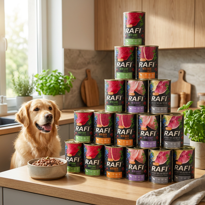 Rafi mokra karma dla psa bezzbożowa 24 x 400 g w puszkach – mix 4 smaków
