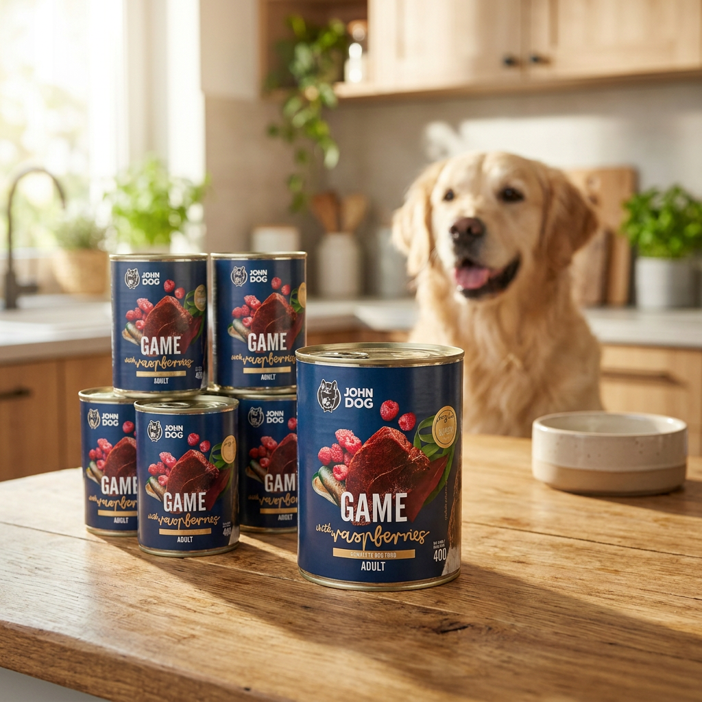 John Dog Berry Line mokra karma dla psa dzik z malinami 6x400 g – bezzbożowa, bez kurczaka