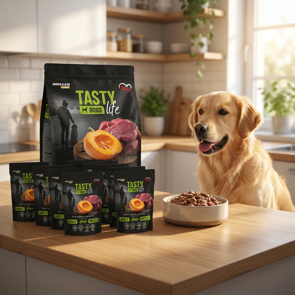 Biofeed Tasty Dog mokra karma dla psa jeleń 90% mięsa, bezzbożowa – 10 x 500 g