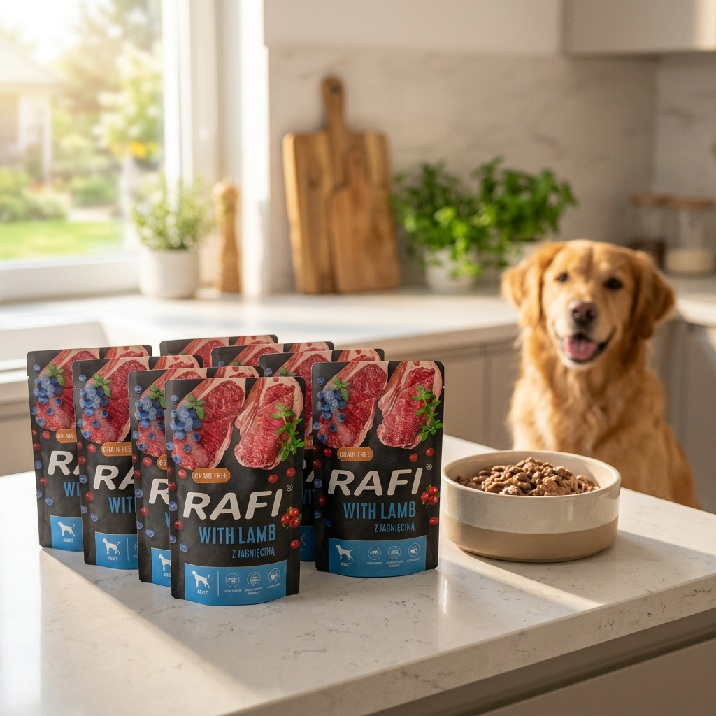 Rafi mokra karma dla psa z jagnięciną bezzbożowa 10 x 500 g – saszetki, zestaw 5 kg