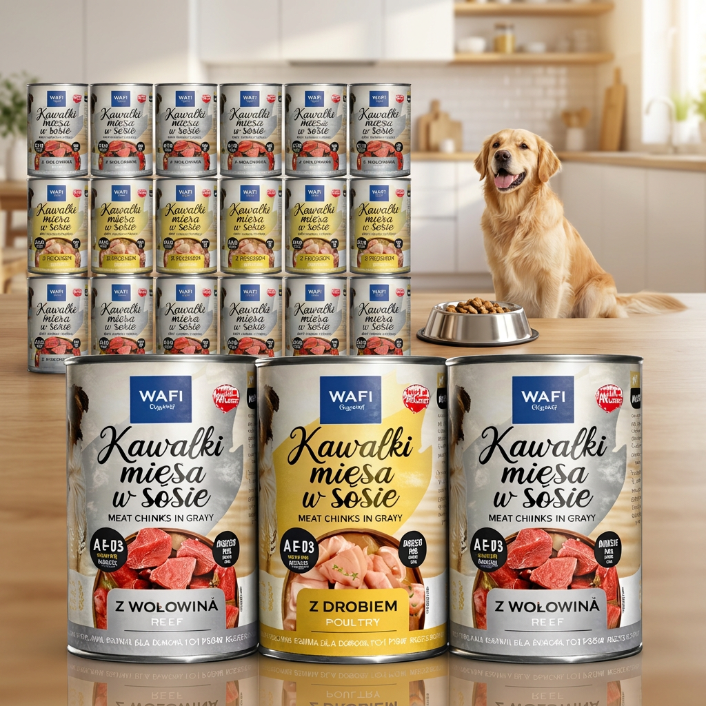 WAFI Karma mokra dla psa kawałki mięsa w sosie 24x415 g – mix wołowina i drób