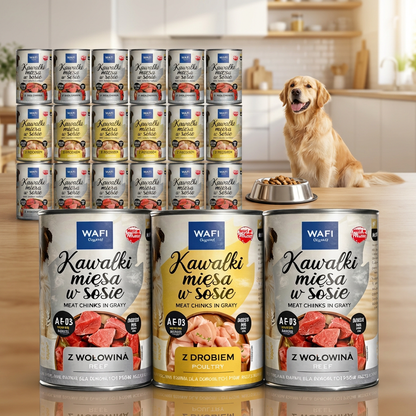 WAFI Karma mokra dla psa kawałki mięsa w sosie 24x415 g – mix wołowina i drób