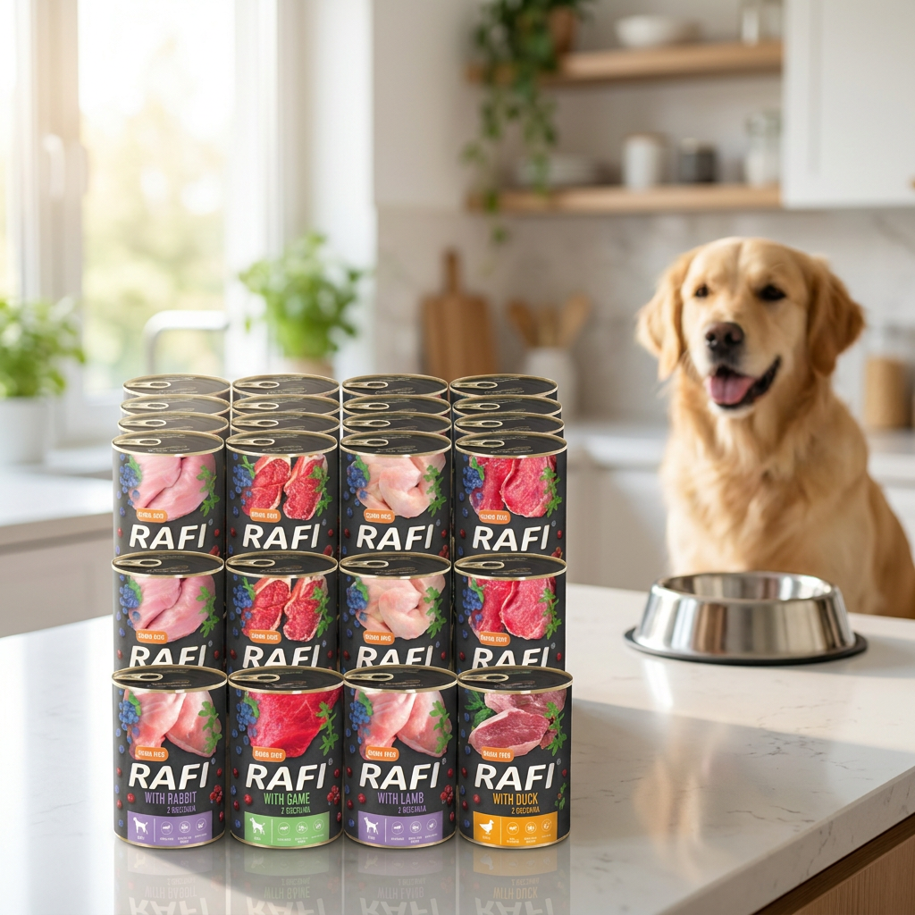 Rafi karma mokra dla psa bezzbożowa 48 x 400 g – puszki dla dorosłych psów, mix smaków