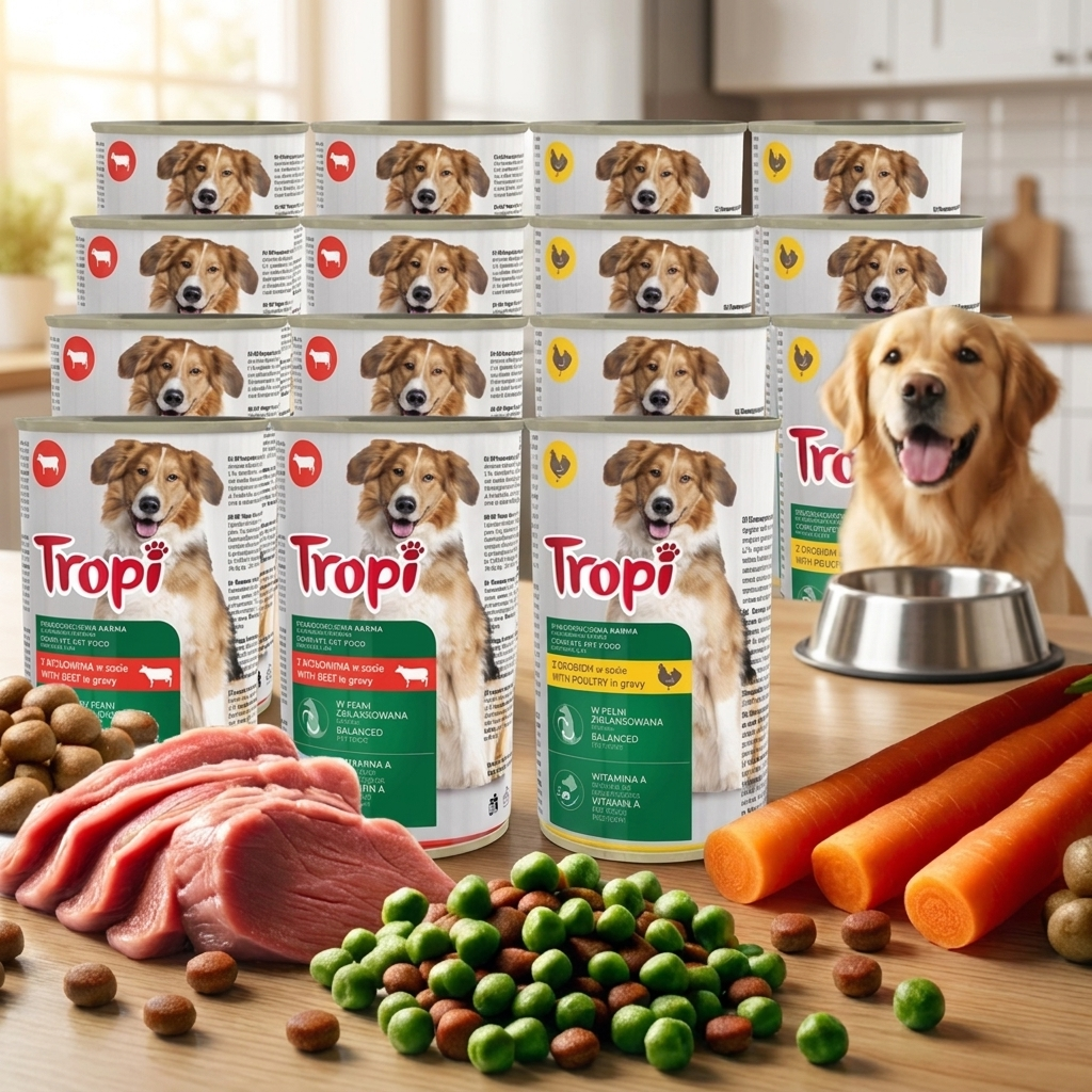 TROPI Mokra karma dla psa w puszkach 16 x 1250 g – drób i wołowina, mix smaków