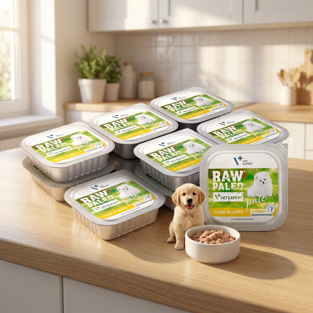 RAW PALEO Mokra karma dla szczeniąt ras małych bez zbóż, pasztet 12 x 150 g – indyk