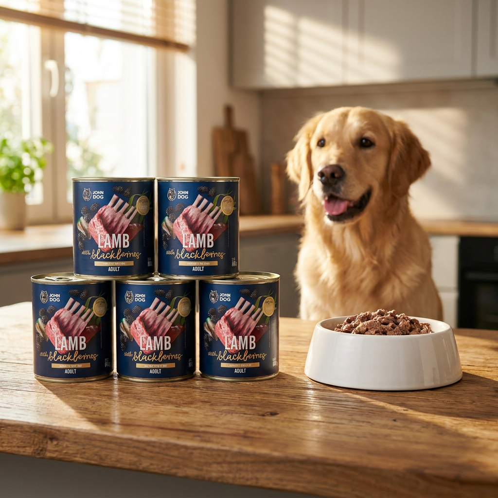 John Dog Berry Line karma mokra dla psa 6x800 g – bezzbożowa, 96% mięsa, jagnięcina z jeżynami