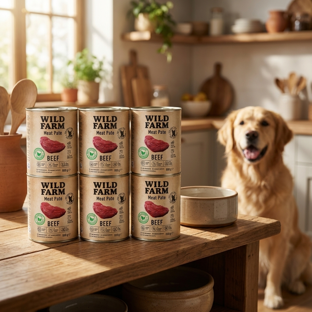 Wild Farm Mokra karma dla psa z wołowiną, pasztet bezglutenowy 6 x 800 g – dorosłe psy