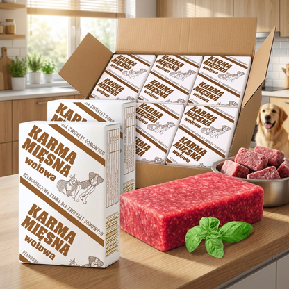 Mięso mrożone dla psa BARF wołowina 10 kg – 40 kostek po 250 g, bezzbożowe
