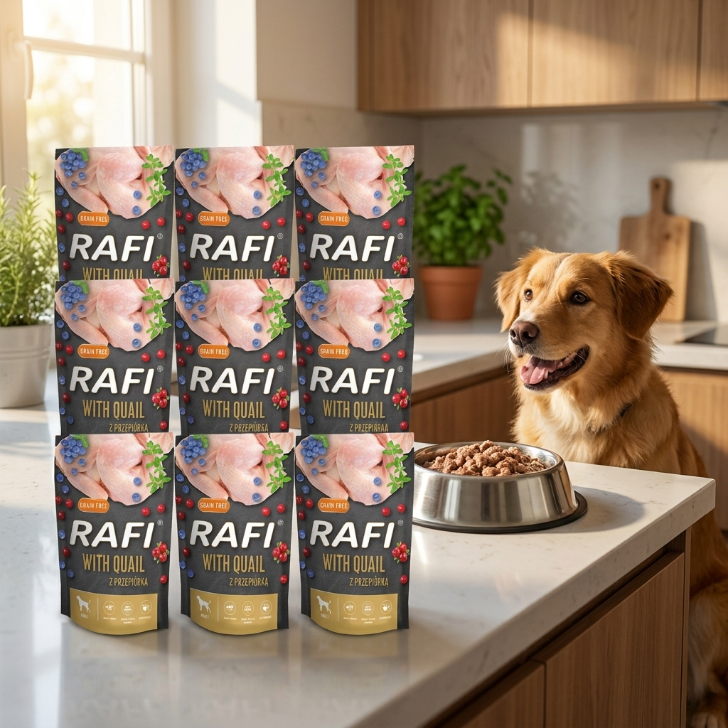 Rafi mokra karma dla psa z przepiórką bezzbożowa – zestaw saszetek 10 x 500 g
