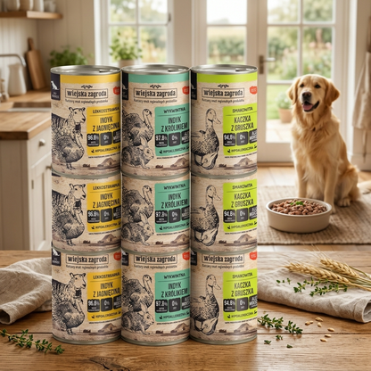 Wiejska Zagroda karma mokra dla psa bezzbożowa 12 x 400 g – mix smaków, puszki