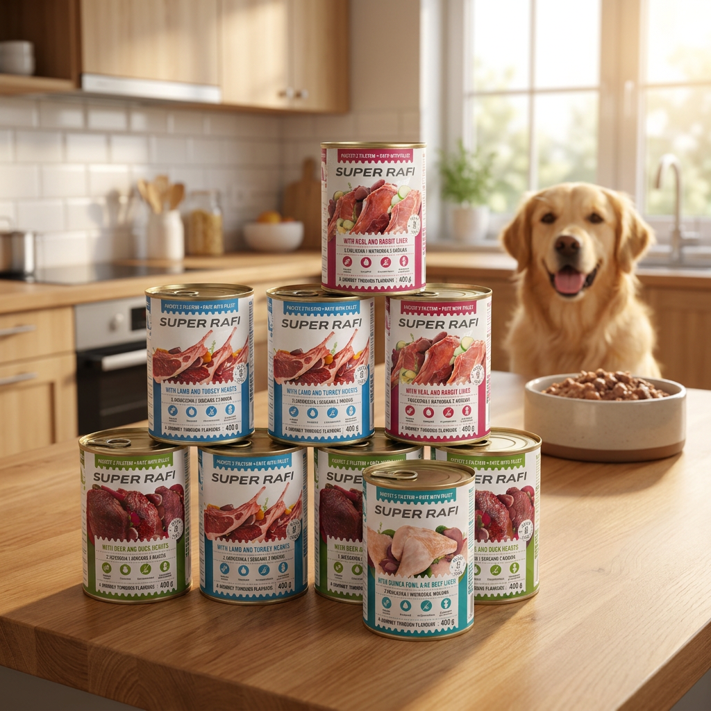 Dolina Noteci Super Rafi karma mokra dla psa 12x400 g bez zbóż, 70% mięsa – mix 4 smaków
