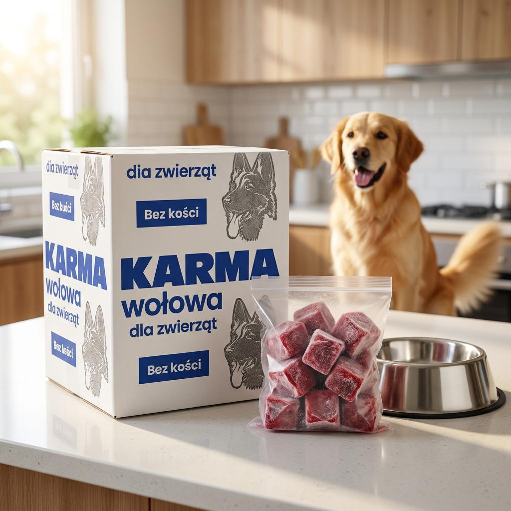 Mrożone mięso wołowe dla psa BARF 10 kg – 100% wołowina bez kości, kostki 250 g