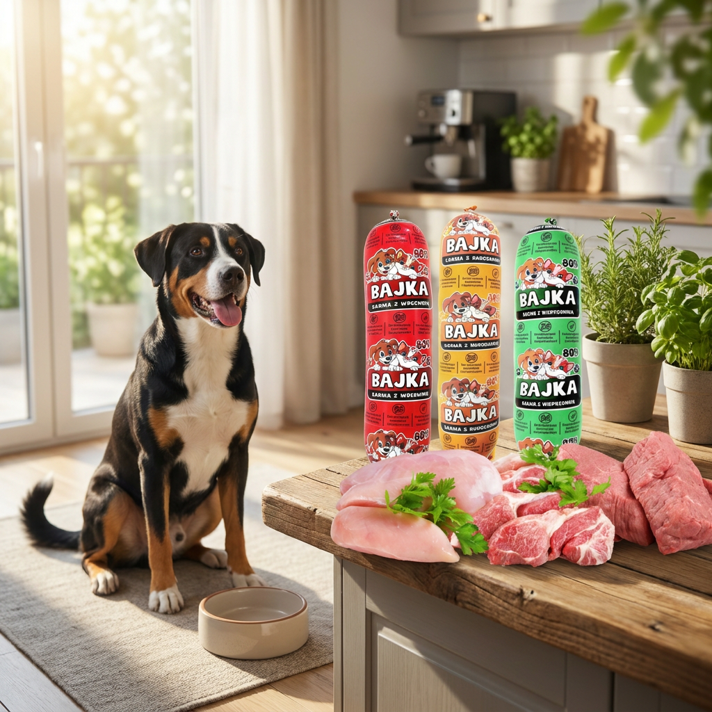 Bajka Mokra karma dla psa w batonie 1 kg, 80% i 90% mięsa, 3 smaki – zestaw 29 szt.