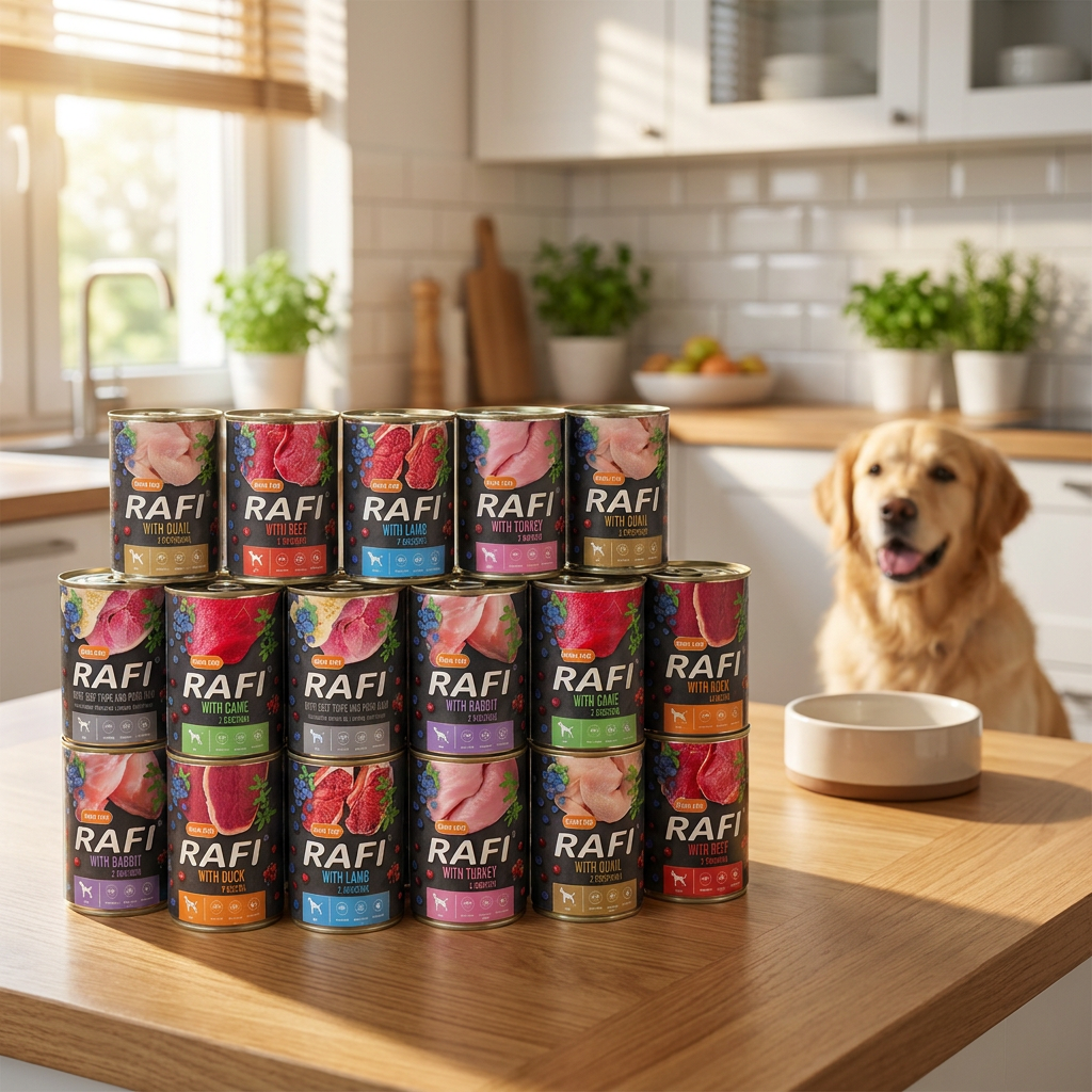 Rafi mokra karma dla psa bezzbożowa 24 x 400 g w puszkach dla dorosłych psów – mix smaków