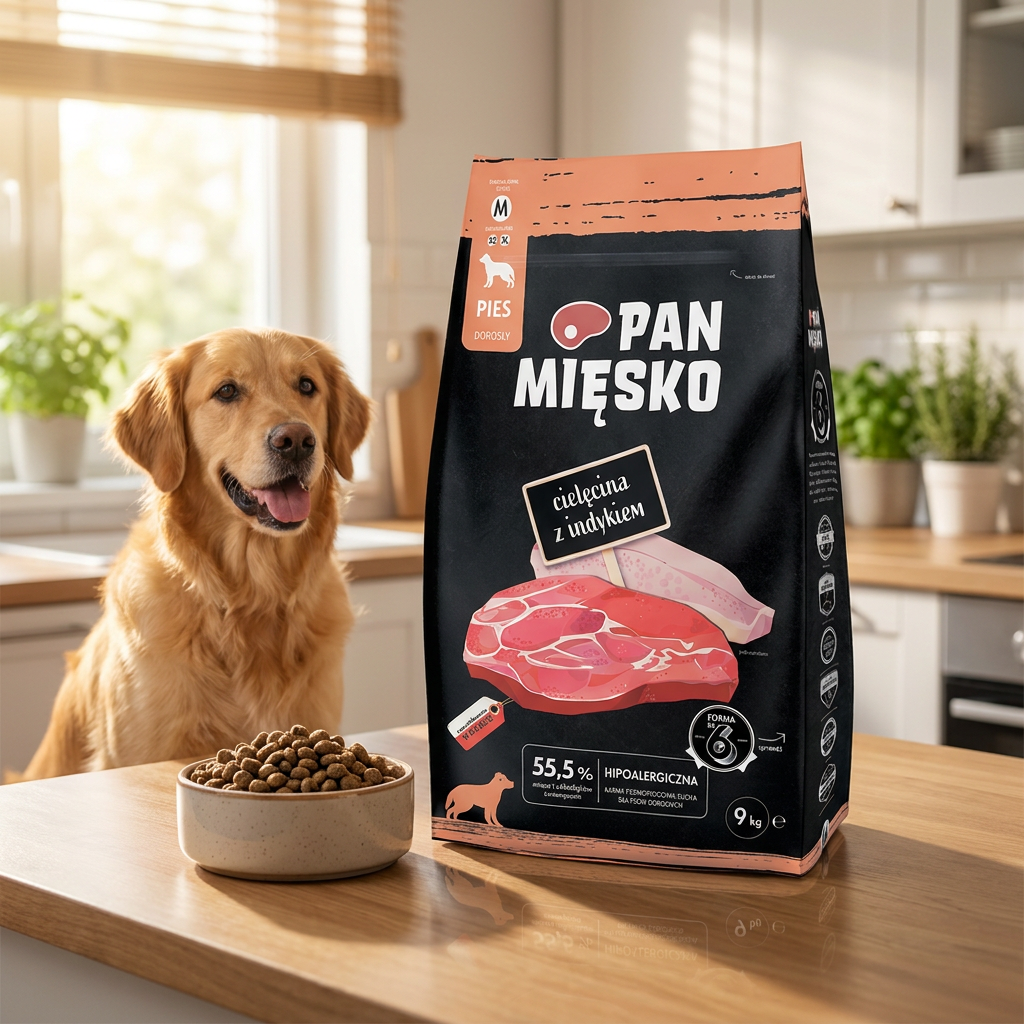 Pan Mięsko sucha karma dla psa 9 kg cielęcina z indykiem – hipoalergiczna, chrupki M