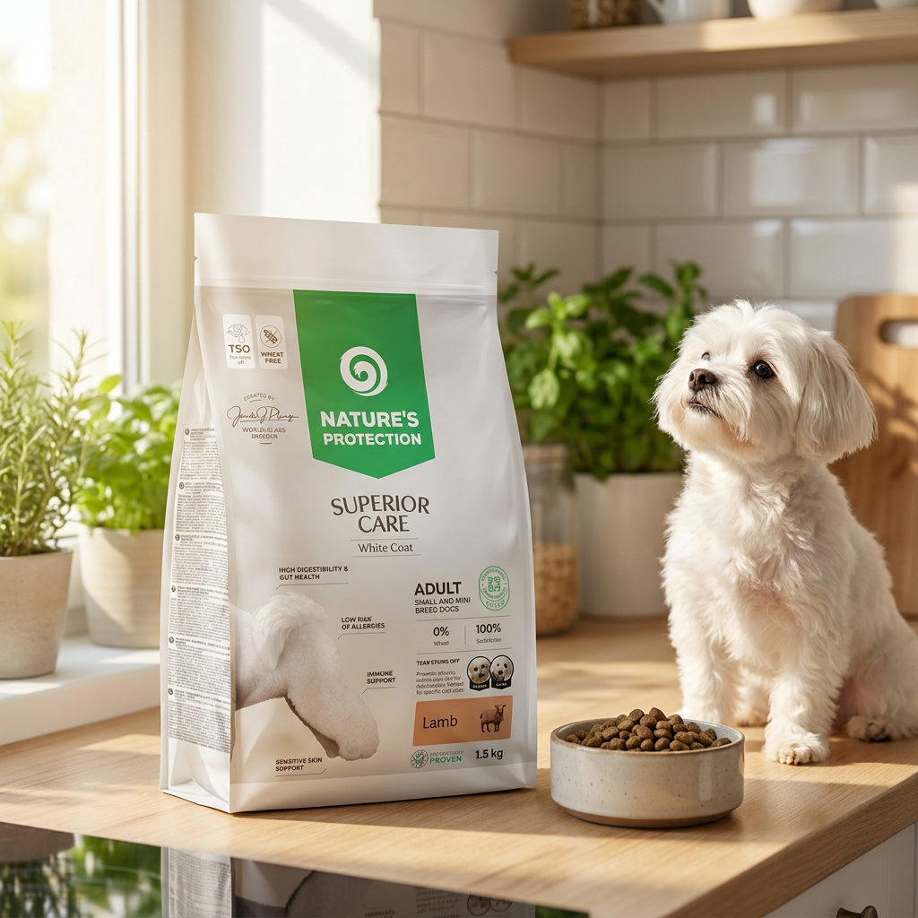 Nature's Protection karma sucha dla psa małych ras 1,5 kg bezzbożowa, biała sierść – jagnięcina