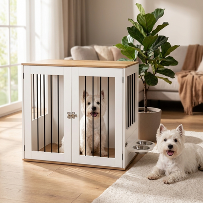 Costway Klatka kojec dla psa z funkcją szafki 80 x 55,5 x 71,5 cm z 2 miskami – biała