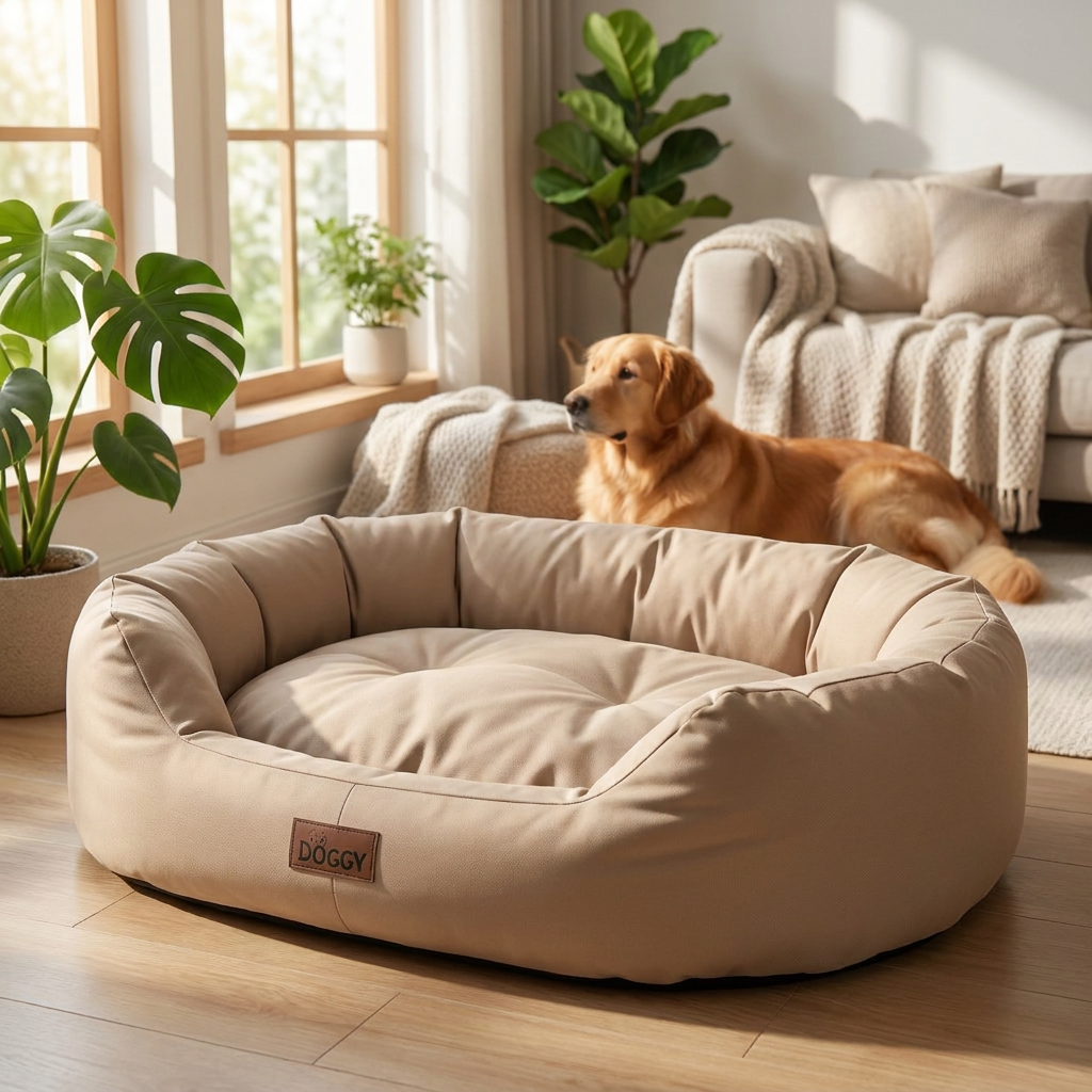 Doggy Legowisko dla dużego psa XXL 114x94 cm z wyjmowanym materacem, wodoodporne – beżowe