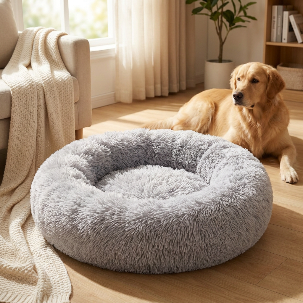 Legowisko dla psa i kota Chmurka 60 cm pluszowe shaggy, okrągłe, antypoślizgowe – szare