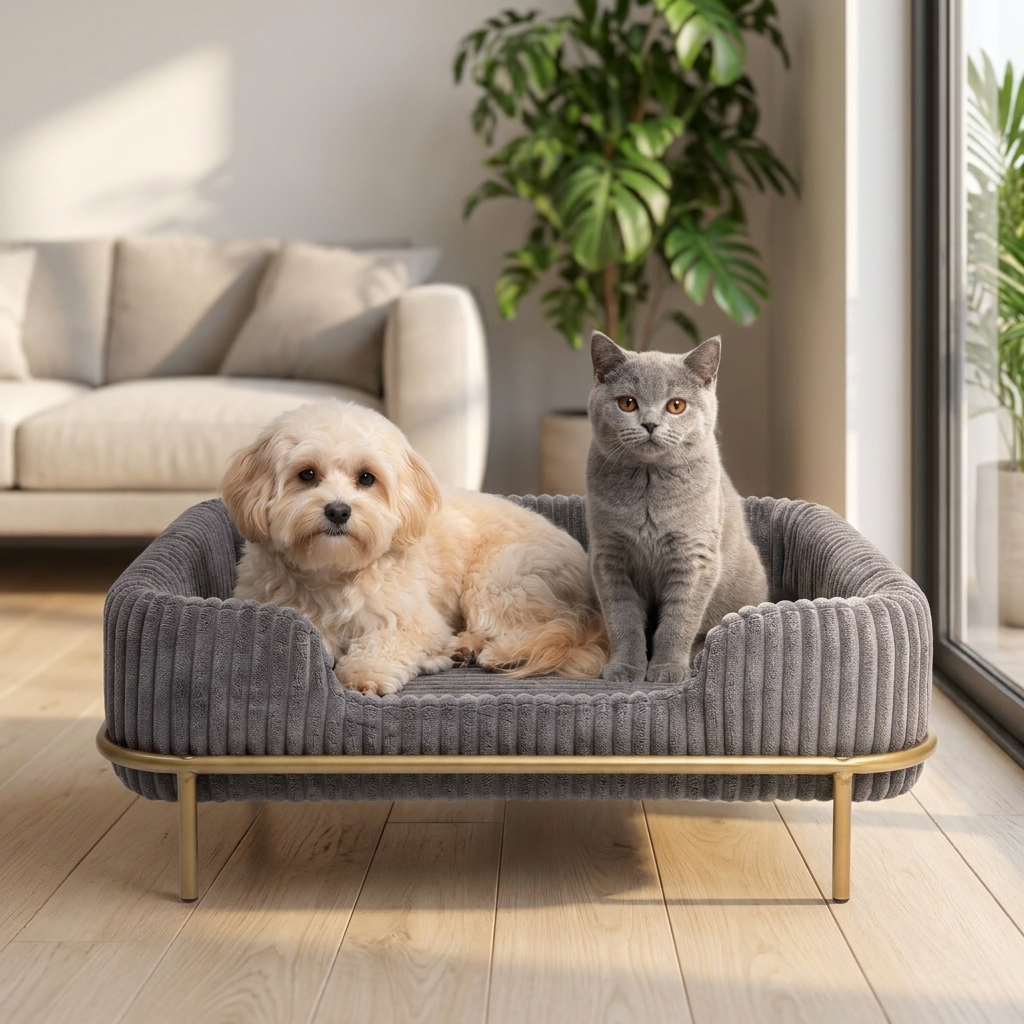 Legowisko sofa dla psa i kota 55x35 cm sztruksowe na złotym stelażu – szare