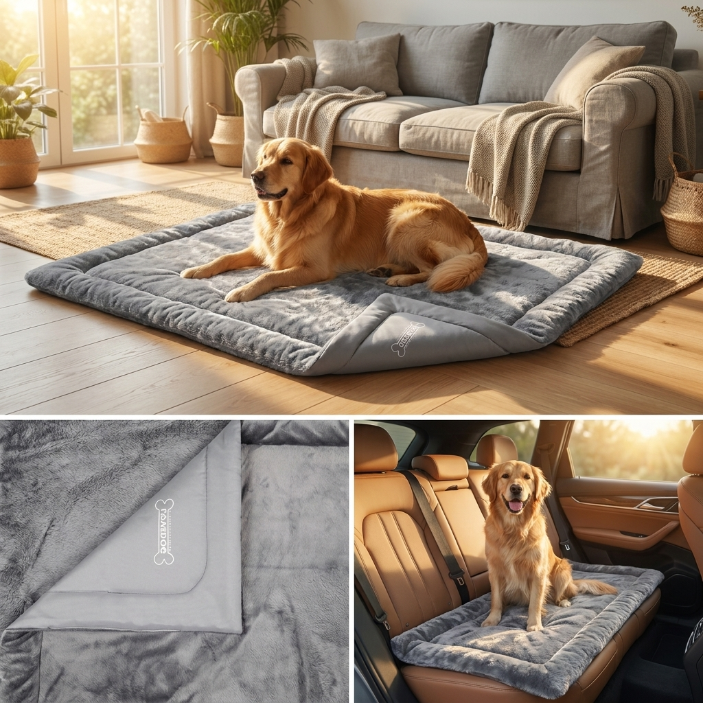 Lovedog Mata dla psa 90 x 60 cm do klatki i samochodu, rozmiar M, futerko i Kodura – szara