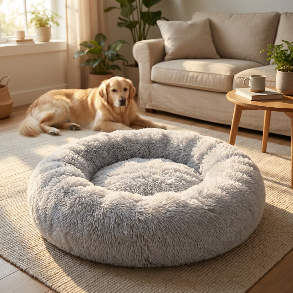 Legowisko dla psa okrągłe 80 cm XL puszyste z antypoślizgowym dnem – jasnoszare