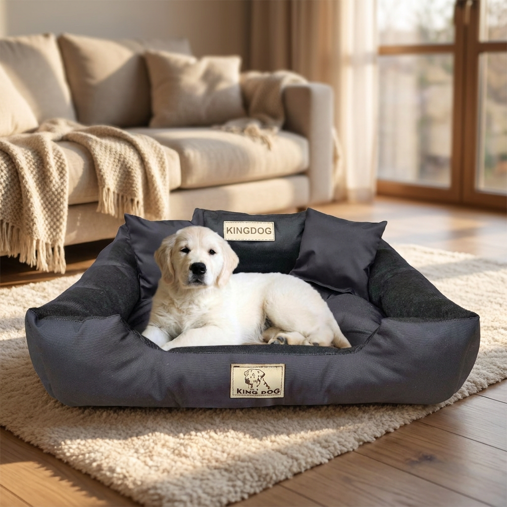 KING DOG Legowisko dla psa 100x75 cm wodoodporne z imieniem pupila i 2 poduszkami – czarne