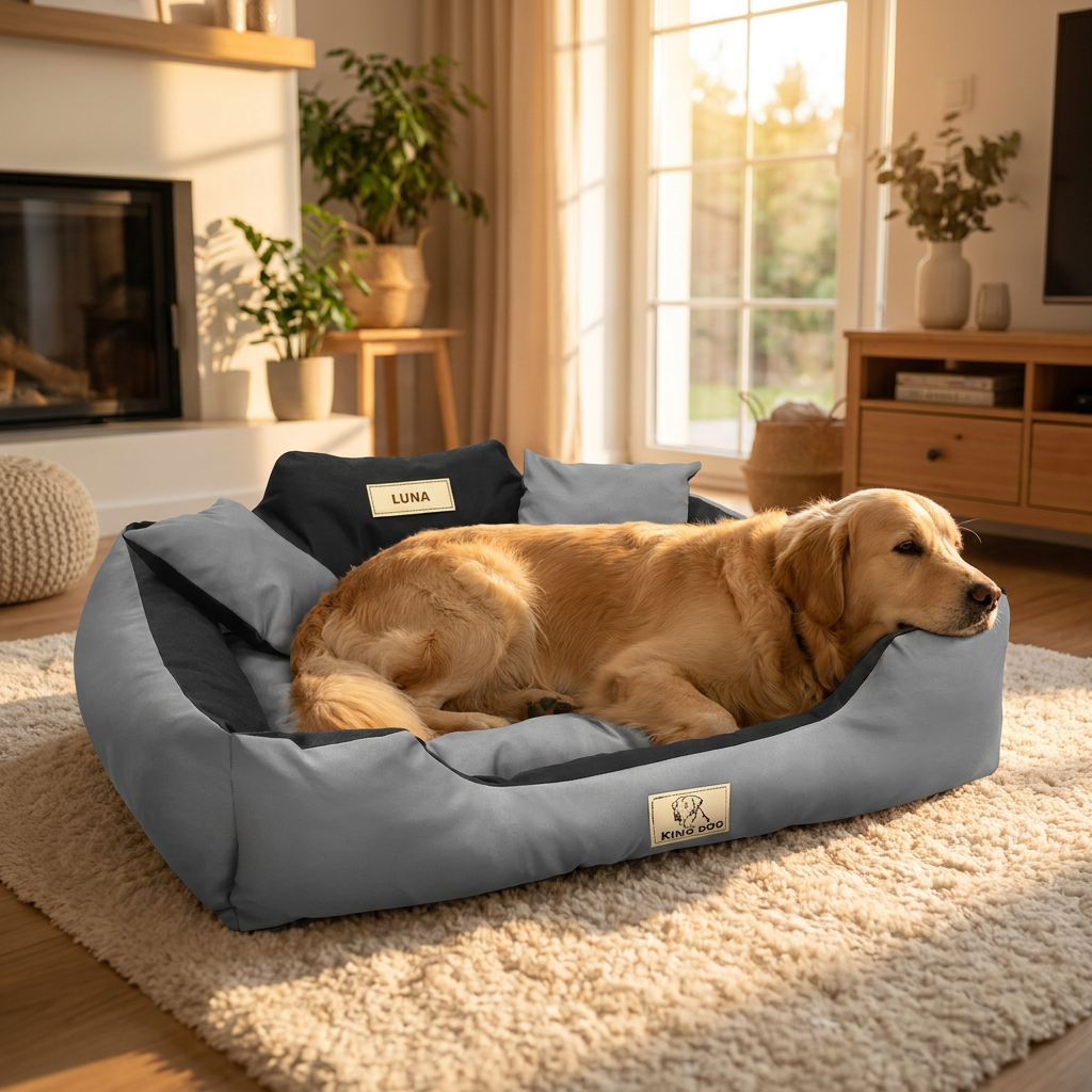 KING DOG Legowisko dla psa XL 115x95 cm z imieniem, nieprzemakalna Codura – wielokolorowe