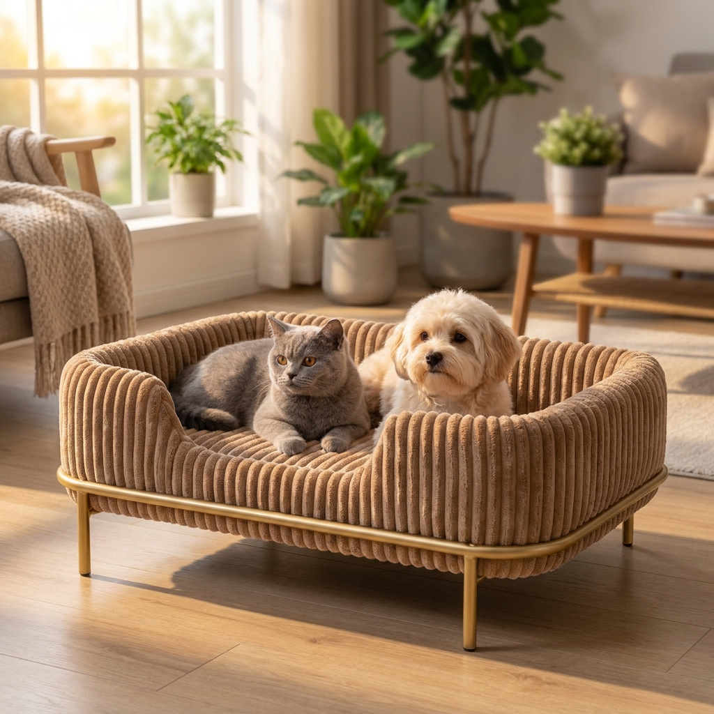 Legowisko sofa dla psa i kota 55x35 cm, sztruksowe, na złotym stelażu – brązowe