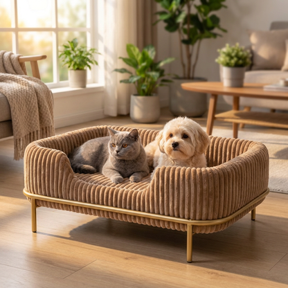 Legowisko sofa dla psa i kota 55x35 cm, sztruksowe, na złotym stelażu – brązowe
