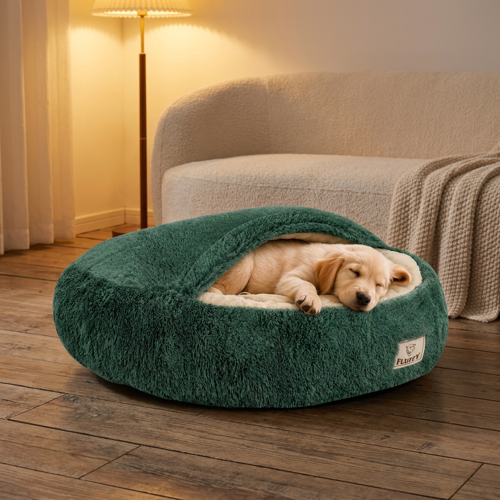 Legowisko dla psa z daszkiem 60 cm, pluszowe shaggy, dla małego psa – zielone