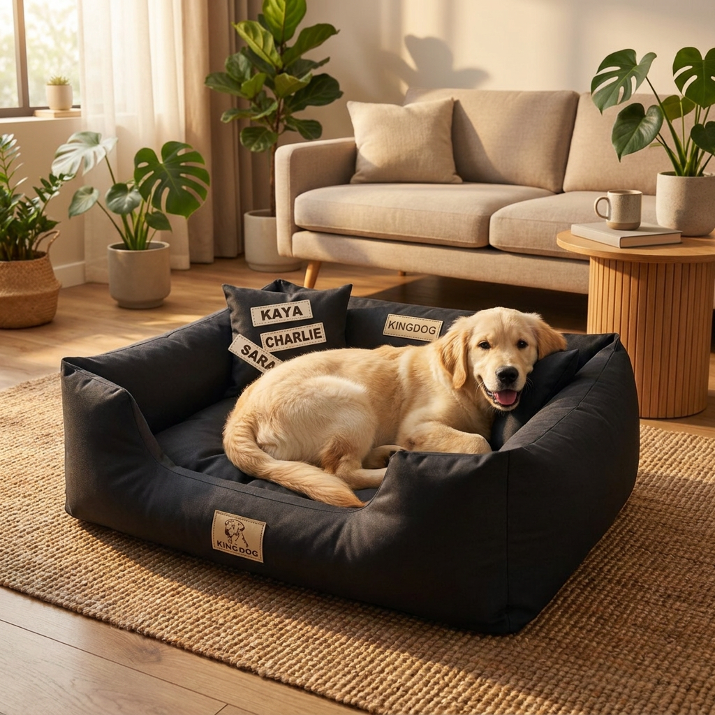 King Dog Legowisko dla psa 115 x 95 cm wodoodporne z imieniem pupila, rozmiar XL – czarne