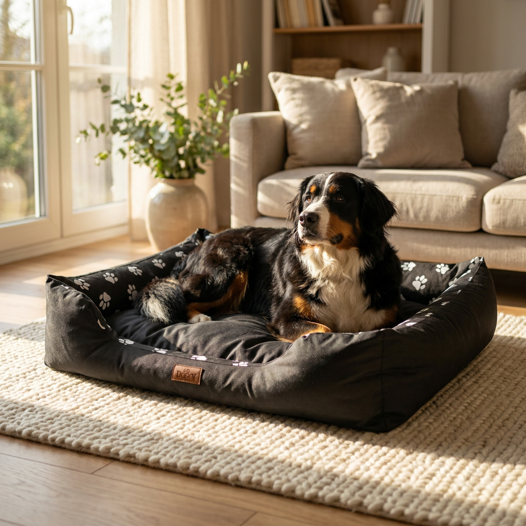 Doggy Puffy legowisko dla dużego psa XXL 114x84 cm wodoodporne z materacem – czarne w łapki