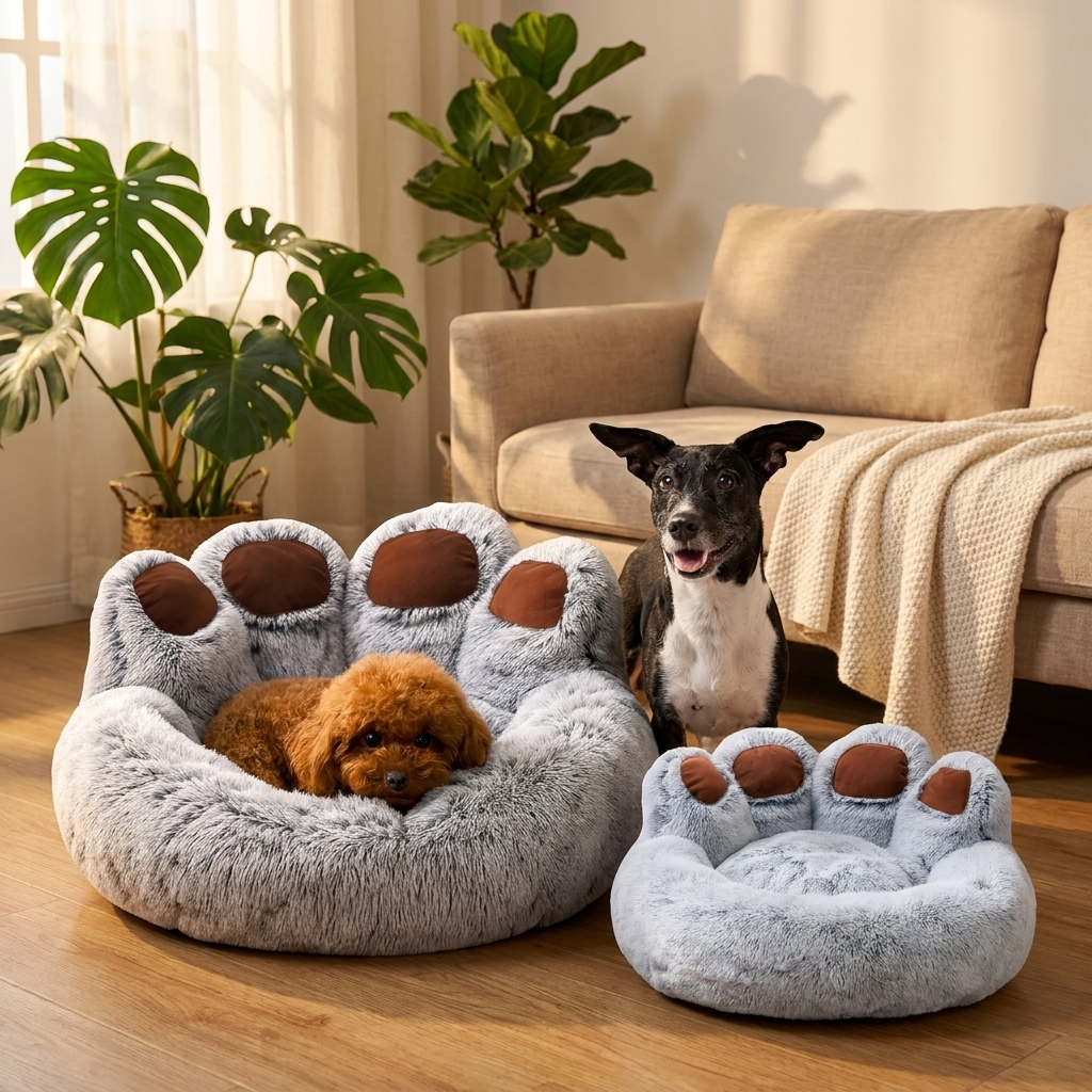 KANZA Legowisko dla psa i kota 45 cm shaggy, miękki plusz, owalne do 12 kg – szare