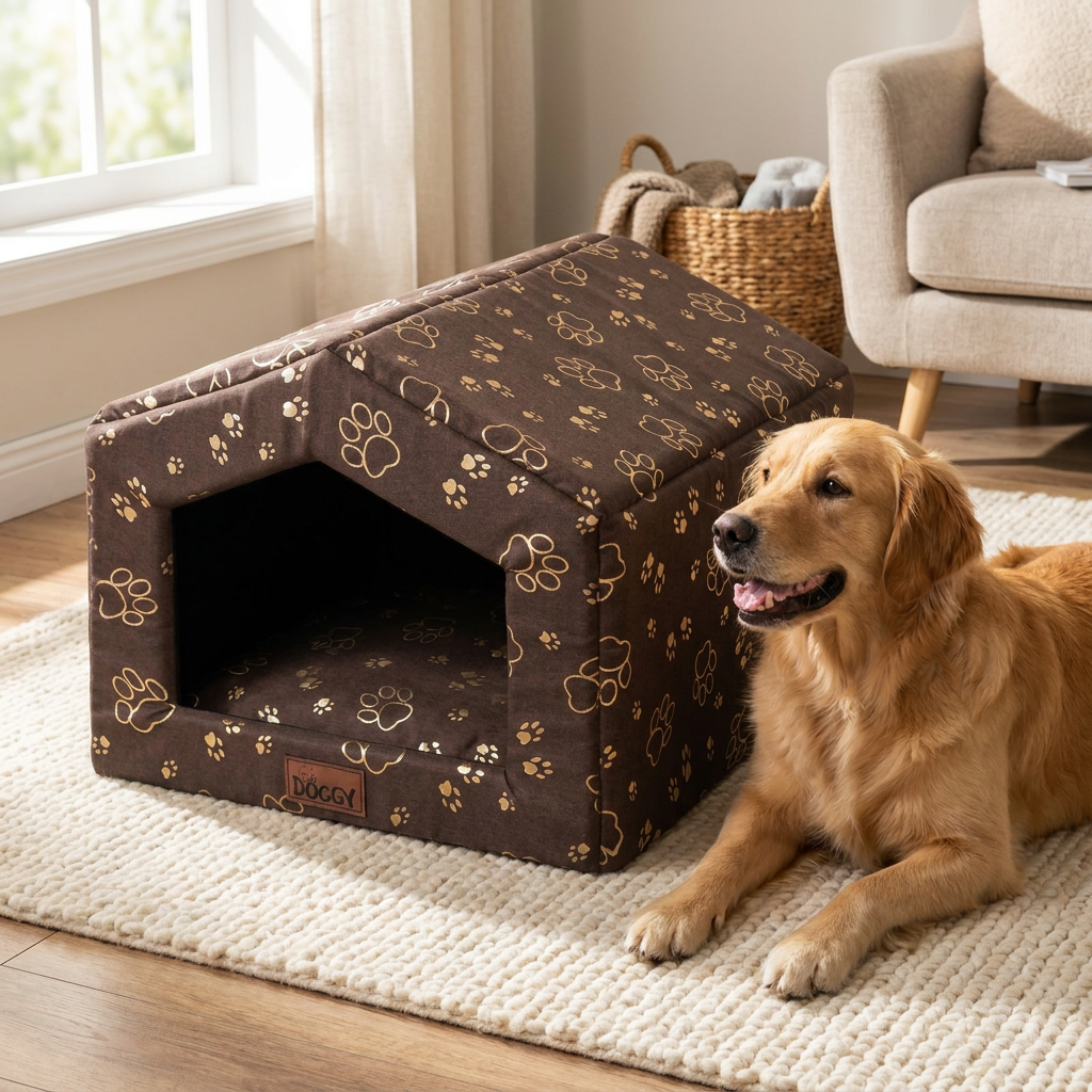 Doggy Buda Smart budka legowisko dla psa i kota 59x55 cm z poduszką, wodoodporna – brązowa