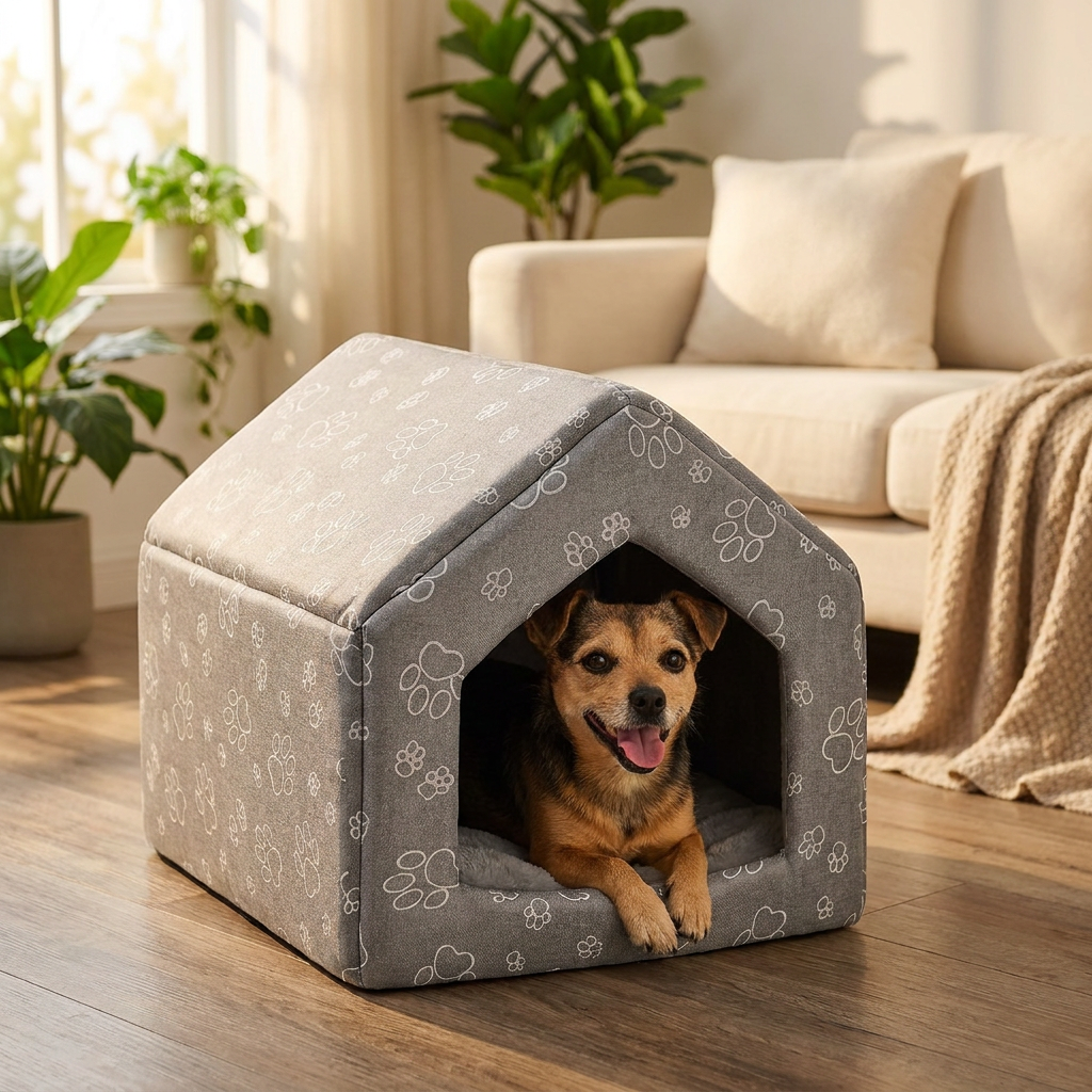 Budka dla psa i kota 48 x 42 x 38 cm z wyjmowaną poduszką z futerkiem, rozmiar L – szara