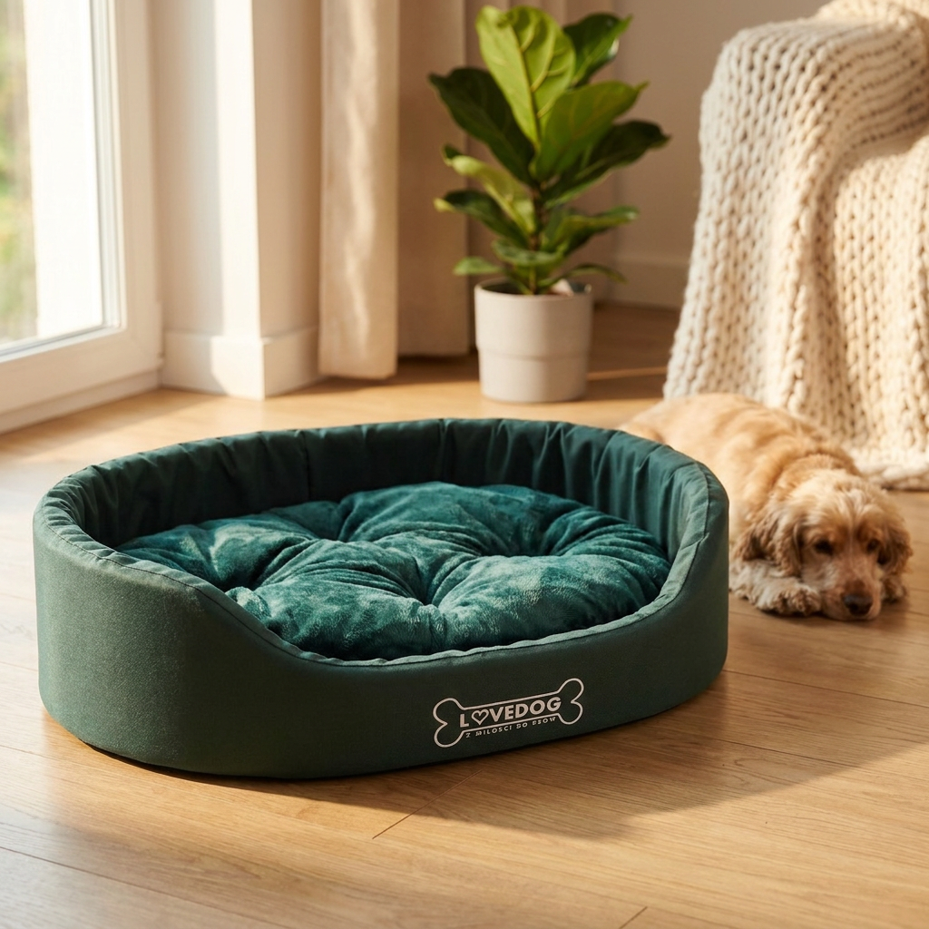 Lovedog Royal S legowisko dla psa i kota 50x40 cm owalne, wodoodporne – butelkowa zieleń