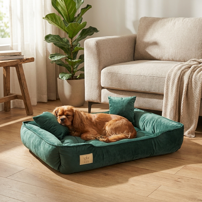 ROYAL DOG Legowisko dla psa i kota welurowe 75 x 65 cm z dwiema poduszkami – zielone