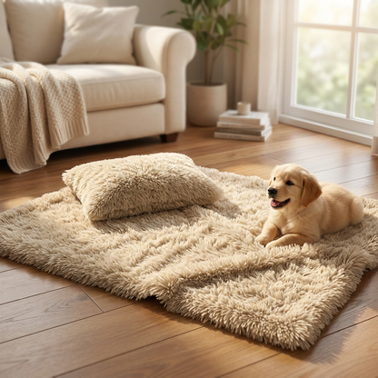 Kocyk dla psa i kota shaggy 100 × 75 cm z poduszką 20 × 30 cm, miękki polar – beżowy