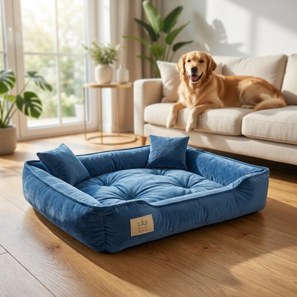 Royal Dog Legowisko dla psa welurowe 100x75 cm z poduszkami, rozmiar L – niebieskie