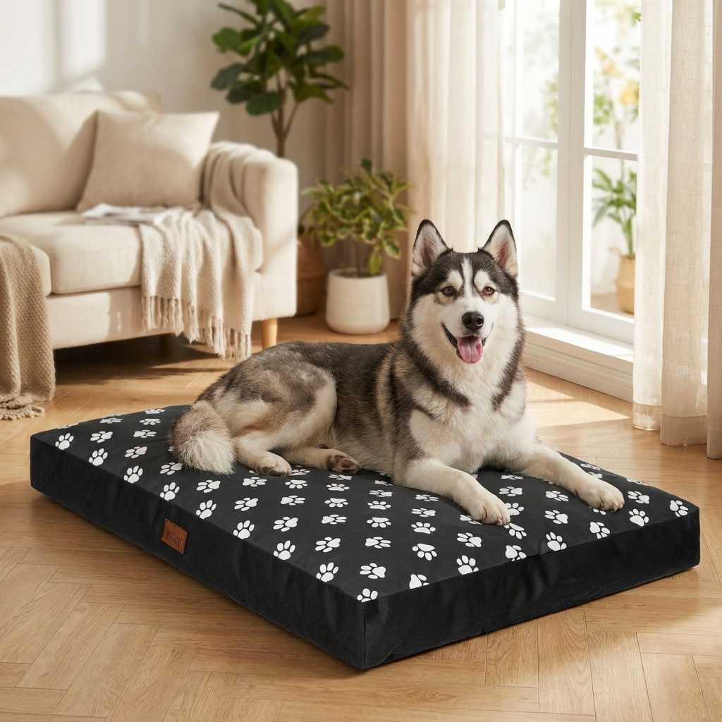 Materac dla psa wodoodporny XL 110x90 cm, grubość 12 cm, dla dużych psów – wielokolorowy