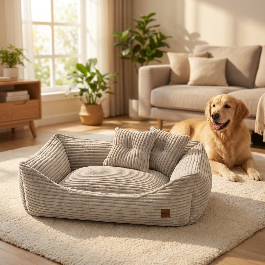 Legowisko dla psa sofa 70 x 50 cm z poduszkami, owalne, poliester – beżowe