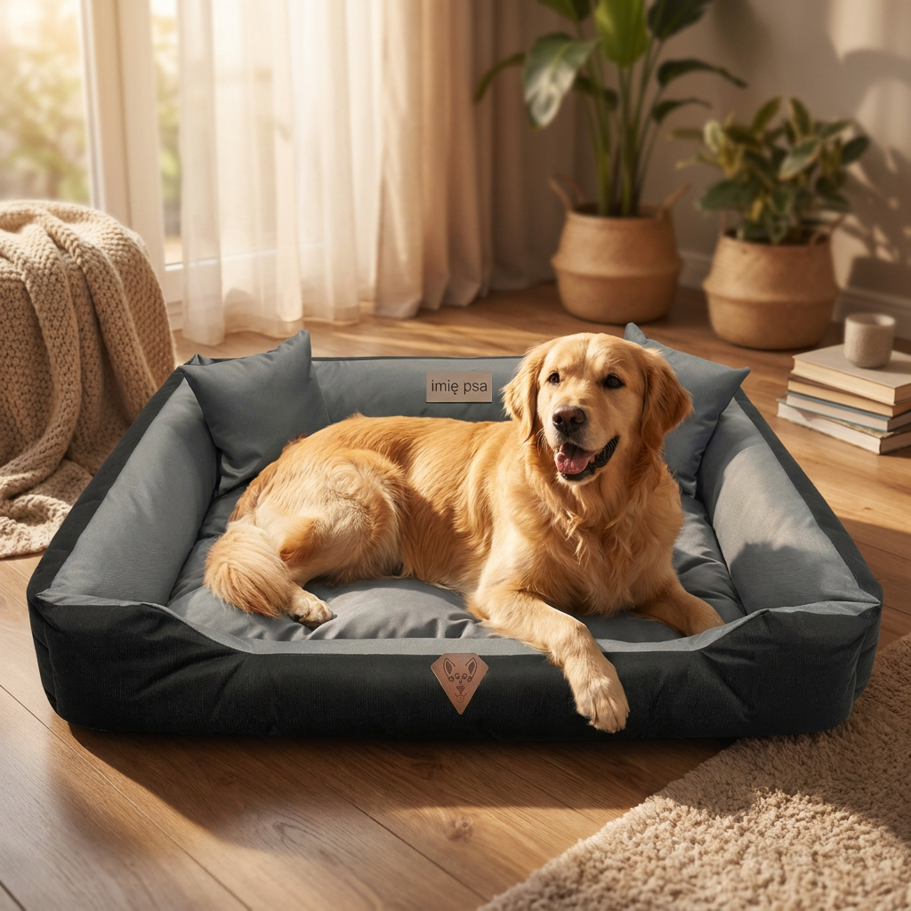 Dogs4life Legowisko dla psa XL 130x105 cm wodoodporne z poduszkami i imieniem – szare