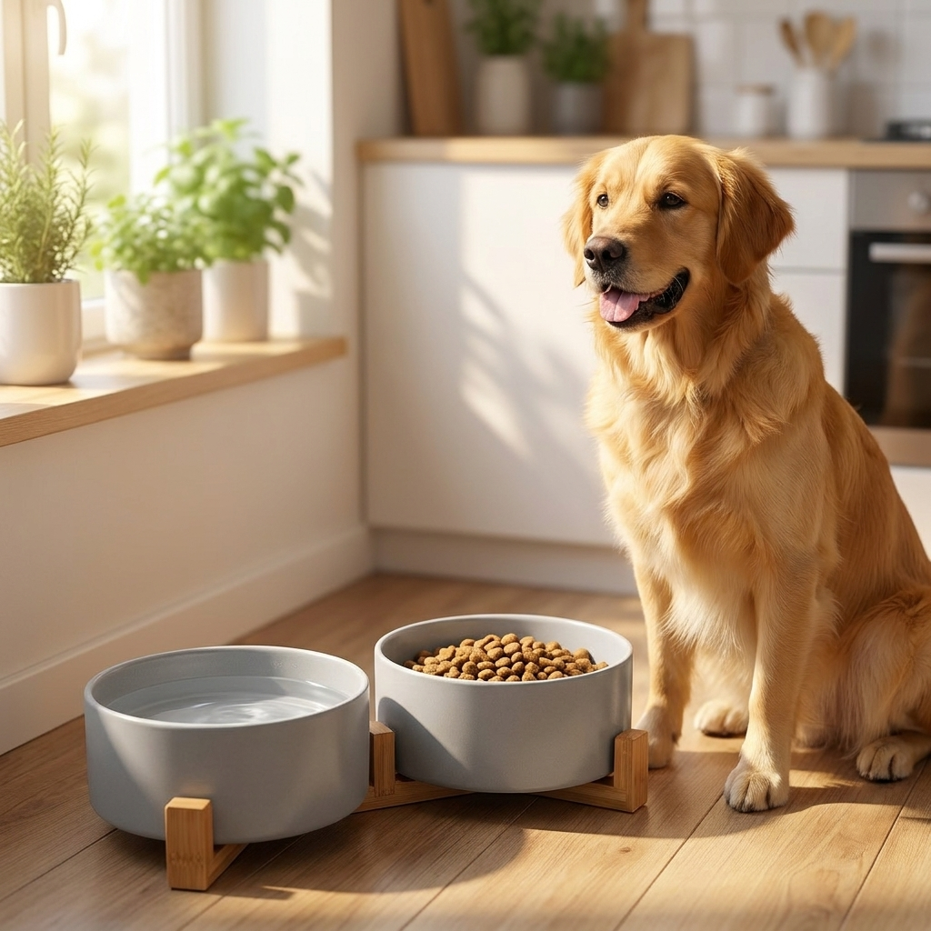 Podwójna miska ceramiczna dla psa i kota 2 x 850 ml na stojaku z bambusa – szara