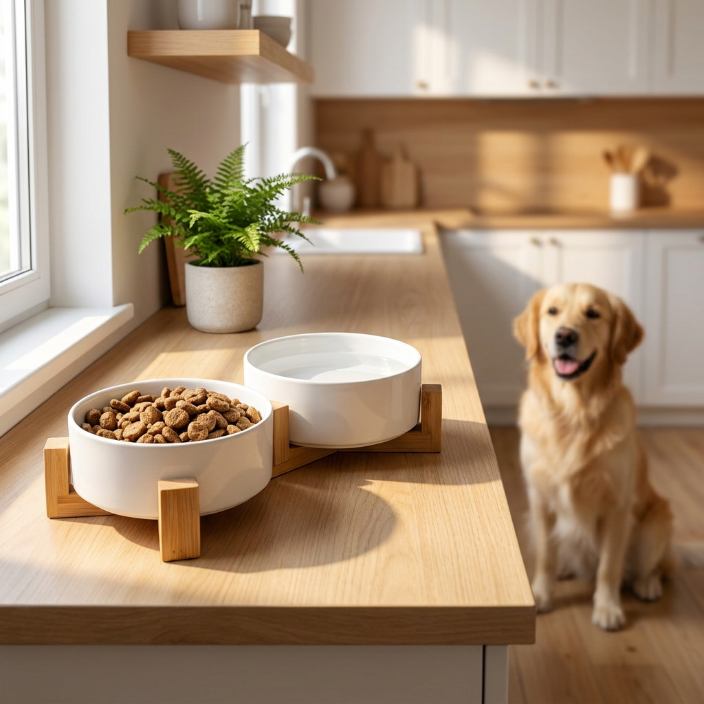 Zwierzopasja Podwójna miska ceramiczna dla psa i kota 2x400 ml na bambusowym stojaku – biała