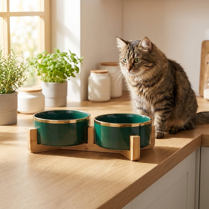 PAGMIL Podwójna miska ceramiczna dla psa i kota 2 x 400 ml na drewnianym stojaku – zielona