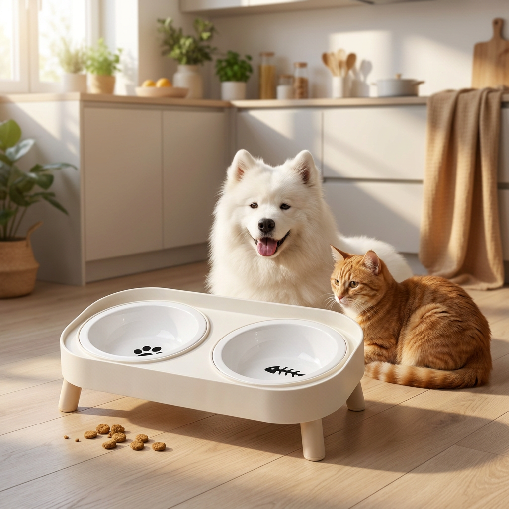 GLOBANI Zestaw 2 misek ceramicznych 2x300 ml na stojaku z tacką dla psa i kota – biały