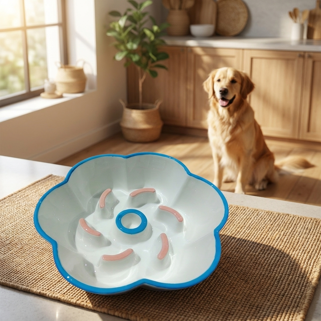 Miska spowalniająca jedzenie dla psa i kota ceramiczna 0,4 l, 14,5 cm – biała z wypustkami