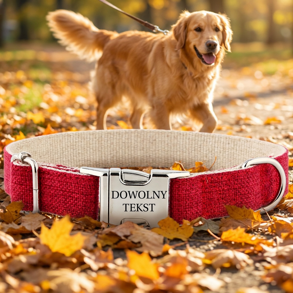 HUGGY DOGGY Obroża dla psa z grawerem na klamrze, konopna, 35–50 cm, rozmiar M – czerwona