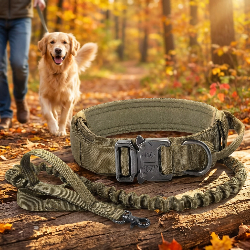 DKM Obroża taktyczna dla psa ze smyczą bungee, nylon 1680D, klamra QR, M 34-44 cm – khaki
